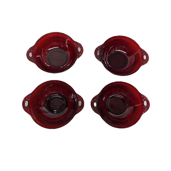 Set of 4 Ruby Red Anchor Hocking Glass Berry Bowls w/ handlesramekins vintage